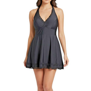 Torrid Swimsuit Dress Women’s 2 (18-20 2X) Black One Piece Swimdress Lace Trim